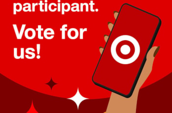 Hand holding a phone with the white Target logo. We're a Target circle participant. Vote for us!
